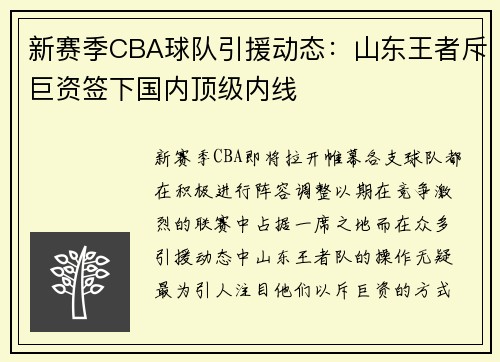 新赛季CBA球队引援动态：山东王者斥巨资签下国内顶级内线